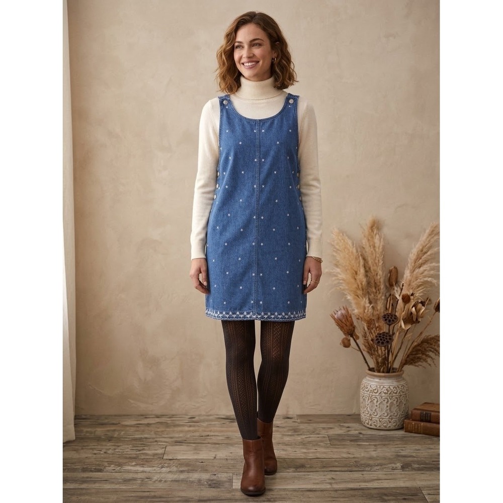Denim & Co Jumper Dress Small Blue Vintage 90s Embroidered Floral Y2K Jean